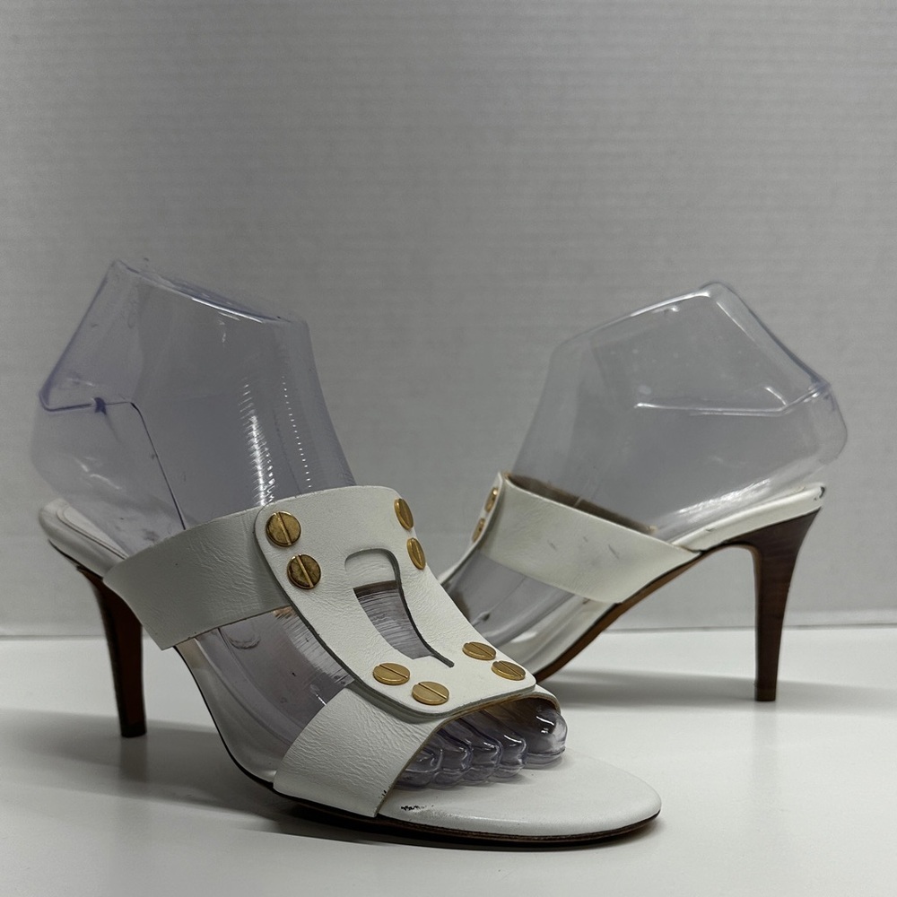 Celine Triomphe Heels High Heel Shoes Open Toe Leather White Gold Studs Size 37 - Picture 13 of 14
